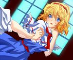  alice_margatroid blonde_hair blue_eyes capelet hairband hands izayoi_sakuya sen'yuu_yuuji short_hair solo_focus touhou wrist_grab 