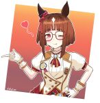  1girl animal_ears badge blush bob_cut breasts brown_hair button_badge dankybum ear_ornament ear_ribbon glasses highres horse_ears horse_girl horse_tail inverted_bob long_sleeves looking_at_viewer multicolored_hair red-framed_eyewear red_eyes roots_(hair) shirt short_hair simple_background smile solo tail transcend_(umamusume) umamusume white_background white_hair 