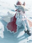  1girl alternate_costume animal_ear_fluff animal_ears arknights black_shoes blonde_hair bloomers blush bow closed_mouth commentary detached_sleeves diaopi_huasheng fox_ears fox_girl fox_tail frilled_bow frilled_hair_tubes frills green_eyes hair_bow hair_tubes hakurei_reimu highres hugging_own_legs kitsune long_hair mary_janes material_growth oripathy_lesion_(arknights) pantyhose red_bow red_skirt ribbon-trimmed_sleeves ribbon_trim shoes sitting skirt skirt_set snow solo suzuran_(arknights) tail touhou white_bloomers white_pantyhose 
