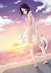  bad_id bad_pixiv_id barefoot beach black_eyes black_hair blush bob_cut dress dutch_angle from_behind hat hat_removed headwear_removed holding holding_hat kaida_bola kneepits legs looking_back love_hina maehara_shinobu ocean outdoors see-through short_hair smile solo sundress sunset 