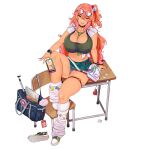  1girl 41_(taskmaster41) amesuku_gyaru badge bag bead_bracelet beads between_breasts blue_bag bow bra bracelet breasts bullet_necklace button_badge candy cellphone chair character_name cleavage collar collarbone collared_shirt condom condom_wrapper covered_nipples desk explosive eyewear_on_head food full_body glasses green_bra green_necktie green_shoes green_skirt grenade gyaru hair_between_eyes hair_bow hair_ornament handheld_electric_fan heart_ring_strap highres holding holding_phone id_card jewelry kogal large_breasts last_origin leg_warmers lollipop long_hair looking_at_viewer microskirt multiple_bracelets multiple_rings nail_polish navel necktie necktie_between_breasts non-web_source notebook official_alternate_costume official_art open_clothes open_shirt orange_eyes orange_hair panties pen phone pink_bow pink_nails pleated_skirt plump ponytail purple_panties red_collar ribbed_leg_warmers ring round_eyewear school_bag school_chair school_desk school_uniform shirt shoes short_ponytail shoulder_bag side_ponytail simple_background single_shoe sitting skirt skull_hair_ornament sleeveless sleeveless_shirt smartphone smile smiley_face sneakers solo spriggan_(last_origin) striped_necktie tan thick_thighs thigh_strap thighs tied_shirt tongue tongue_out transparent_background underwear unworn_shoes watch white_bag white_leg_warmers white_shirt 