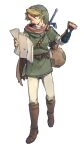  1boy bag belt blue_eyes boots brown_cape brown_hair cape closed_mouth dated fingerless_gloves gloves green_hat hat holding holding_map link male_focus map nikayu pants pointy_ears scabbard sheath sheathed simple_background solo sword the_legend_of_zelda torn_cape torn_clothes tunic weapon weapon_on_back white_background 