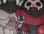 anthro arthropod balls black_eyes bodily_fluids erection genital_fluids genitals group hair hand_on_head hi_res hollow_knight:_silksong hollow_knight_(franchise) humanoid humanoid_genitalia humanoid_penis insect male male/male muscular muscular_male nude pecs penis savage_beastfly simple_background skarrgard team_cherry trio ursa-m1nor