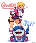  1girl absurdres artist_name belt blonde_hair blue_eyes bodysuit breasts character_name commentary english_commentary full_body gradient_hair gwenpool highres jeff_the_land_shark leotard marvel medium_breasts multicolored_hair open_mouth pink_hair sharp_teeth short_hair simple_background smgold smile superhero_costume sword sword_on_back tail teeth thighs utility_belt weapon weapon_on_back white_background 