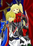  1girl blazblue blonde_hair couple cross curtains dress gothic green_eyes hetero japanese_clothes jin_kisaragi military military_uniform rachel_alucard red_eyes ribbon tsukiya_akina twintails uniform 