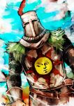  1boy armor blue_sky cape chainmail cloud commentary_request dark_souls_(series) dark_souls_i day green_cape helm helmet knight looking_at_viewer male_focus outdoors plume sky solaire_of_astora solo sun_print tunic umeyama_(toma23) upper_body white_tunic 