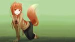  animal_ears barefoot green horo long_hair orange_hair red_eyes spice_and_wolf tail wolfgirl 