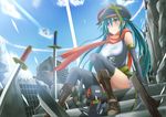  bicolored_eyes blue_hair boots building clouds hat katana long_hair panties sword tagme thigh-highs twintails underwear weapon 