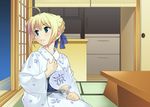  azu blonde_hair fan fate/stay_night green_eyes japanese_clothes saber 
