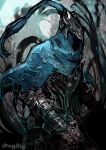  1boy armor artorias_the_abysswalker blue_background blue_cloak breastplate cloak commentary_request dark_souls_(series) dark_souls_i gauntlets helmet knight male_focus plume solo umeyama_(toma23) upper_body 