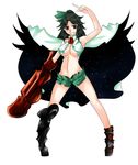  alternate_costume aoshima arm_cannon asymmetrical_clothes black_wings boots bow breasts brooch brown_hair cape cleavage crop_top green_eyes hair_bow halterneck jewelry knee_boots long_hair medium_breasts midriff ponytail reiuji_utsuho short_shorts shorts solo standing touhou weapon wings 