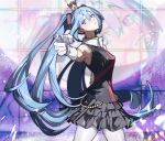  1girl black_shirt blue_eyes blue_hair breasts commentary_request cowboy_shot crown frilled_skirt frills frown gloves hatsune_miku highres jojo_pose kimagure_mercy_(vocaloid) kujo_jotaro's_pose long_hair medium_breasts mini_crown miniskirt pantyhose pointing pointing_at_viewer serious shirt skirt sleeveless sleeveless_shirt solo soyaka twintails v-shaped_eyebrows very_long_hair vocaloid white_gloves white_pantyhose zoom_layer 