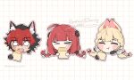  >_< 1boy 2girls :3 alice_thymefield animal_ear_fluff animal_ear_piercing animal_ears black_gloves black_hair blank_eyes blonde_hair blush bow braid braided_twintails checkered_background chibi chibi_only closed_eyes closed_mouth commentary_request crossed_bangs dog_boy dog_ears eating fingerless_gloves food gloves hair_between_eyes hair_bow hair_ornament hand_on_own_face hearing_aid highres holding holding_food komano_manato long_hair low_twintails memoo_cchi multicolored_hair multiple_girls open_mouth outline rabbit_ears rabbit_girl red_hair scar scar_across_eye scar_on_face short_hair sphere_hair_ornament teeth twintails twitter_username ukinami_yuzuha upper_teeth_only white_background white_bow white_outline zenless_zone_zero 