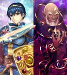  1boy bald beard binding_shield blue_eyes blue_hair bracelet commentary_request commission earrings facial_hair fingernails fire_emblem fire_emblem:_mystery_of_the_emblem jewelry kakiko210 long_fingernails male_focus marth_(fire_emblem) medeus old old_man pointy_ears shield short_hair skeb_commission sword tiara weapon 