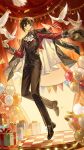  1boy absurdres ascot asymmetrical_sidelocks ayn_alwyn ayn_alwyn_(whirling_whimsical_troupe) balloon bird black_bow black_bowtie black_coat black_hair black_hat black_pants black_shirt black_shoes black_socks black_vest bow bowtie box checkered_floor chinese_commentary closed_mouth coat coat_on_shoulders colored_lapels confetti cropped_jacket cross-laced_shoes crystal_earrings curtains dove dress_shoes earrings fedora frilled_shirt_collar frilled_sleeves frills full_body gem gift gift_box hair_between_eyes hat highres holding holding_unworn_clothes holding_unworn_hat holding_wand indoors jacket jewelry lapel_pin lapels light_particles long_sleeves looking_at_viewer lovebrush_chronicles male_focus motion_blur mouth_hold musical_note_brooch notched_lapels official_alternate_costume open_clothes open_jacket outstretched_arm pants pedestal red_eyes red_gemstone red_jacket reno0727 shawl_lapels shirt shoes short_hair sidelocks single_earring sleeve_cuffs smile socks solo stage_curtains standing standing_on_one_leg string_of_flags tassel two-sided_coat two-sided_fabric unworn_hat unworn_headwear vest wand white_ascot white_coat 