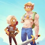 1:1 adventure_time amputee anthro backpack beard belt_buckle bladed_weapon blonde_hair blue_background bottomwear bracelet bronwyn_(adventure_time) buckle canid canine canis cartoon_network chest_tattoo clothed clothing disability domestic_dog dot_eyes duo eyelashes facial_hair female finn_the_human great-niece great-uncle great-uncle_and_great-niece hair hair_over_eye hands_on_hips holding_melee_weapon holding_object holding_weapon horn human jewelry larger_human larger_male male male/female mammal melee_weapon missing_arm niece_(lore) pants poppy_betha rainicorn scar scarf shaded shirt shirtless_male signature simple_background simple_eyes size_difference skateboard sky sky_background skyscape smaller_anthro sword tattoo topwear torn_bottomwear torn_clothing torn_pants uncle_(lore) uncle_and_niece_(lore) vehicle weapon white_eyes yellow_body