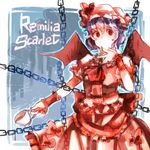  ascot azya bad_id bad_pixiv_id bow chain character_name cup dress hat highres purple_hair red_eyes remilia_scarlet short_hair solo touhou wings wrist_cuffs 