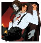  2boys black_pants blood blood_on_chest blood_on_hands blood_on_mouth border brown_eyes brown_hair candle chair coat collared_shirt colored_skin cowboy_shot curly_hair frankenstein frankenstein's_monster fur_coat gloves grey_skin highres jasonev11778442 long_hair looking_at_another male_focus multiple_boys on_chair open_mouth pants red_background red_gloves shirt short_hair sideburns single_glove sitting suspenders veins veiny_hands victor_frankenstein white_border white_eyes white_shirt yaoi 