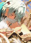  2boys absurdres anaxa_(honkai:_star_rail) antenna_hair aqua_coat aqua_hair black_choker blue_eyes choker closed_eyes coat commentary eyepatch hair_between_eyes hand_tattoo highres honkai:_star_rail honkai_(series) jewelry kiss kissing_forehead long_hair male_focus multiple_boys multiple_rings phainon_(honkai:_star_rail) rin_(chenirin2) ring short_hair symbol-only_commentary tattoo watermark wheat wheat_field white_hair yaoi 
