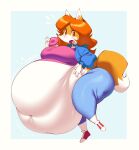2022 anthro belly big_belly bottomwear breasts canid canine clothing denim denim_bottomwear denim_clothing dessert doughnut female food fox hair hellbrain hi_res huge_belly jeans mammal orange_hair overweight pants pastry simple_background solo white_background
