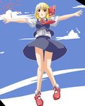  blonde_hair blush cloud day hair_ribbon highres outstretched_arms red_eyes ribbon rumia short_hair sky solo spread_arms touhou you_shugyouchuu 
