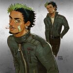  1boy :< alternate_hairstyle antonio_leon_mars_(skcd_loen) arm_behind_back artist_logo bandaid bandaid_on_cheek bandaid_on_face belt black_belt black_hair brown_pants cigarette closed_mouth collared_jacket commentary cropped_legs ear_piercing earrings eyebrow_cut facial_hair fashion goatee goatee_stubble gradient_background green_eyes green_hair grey_background hashtag-only_commentary highres jacket jewelry leather leather_jacket light_smile logo long_sideburns looking_at_viewer mouth_hold multicolored_hair multiple_views mustache_stubble necklace original pants partially_unzipped piercing ring_piercing shirt short_hair sideburns silver_necklace skcd_loen split-color_hair streetwear stubble symbol-only_commentary tan two-tone_hair upper_body white_shirt zipper 