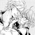  2boys ahoge alternate_costume amemura_ramuda androgynous aohitsugi_samatoki barbell_piercing belt_collar ben-day_dots buckle captive_bead_ring cigarette_kiss collar collarbone commentary_request ear_piercing earrings face-to-face fingernails from_side glasses greyscale hair_slicked_back hand_grab hand_on_another's_shoulder hand_up hatching_(texture) heart heart-shaped_buckle heart-shaped_eyewear heart_earrings hypnosis_mic industrial_piercing jacket jewelry linear_hatching looking_at_viewer loose_hair_strand male_focus monochrome mouth_hold multiple_boys multiple_piercings multiple_rings necklace off-shoulder_shirt off_shoulder piercing pinky_ring portrait q_ninc raised_eyebrows ring screentones shirt short_hair smoking stud_earrings swept_bangs v-shaped_eyebrows white_background yaoi 