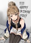  1girl birthday black_choker black_nails black_tank_top black_thighhighs breasts brown_eyes brown_hair choker earrings fingernails hair_bun happy_birthday heart heart_earrings highres idolmaster idolmaster_million_live! idolmaster_million_live!_theater_days jacket jewelry letterman_jacket long_sleeves looking_at_viewer midriff nail_polish necklace official_alternate_costume ponpon shirt sidelocks single_hair_bun sitting solo striped_clothes striped_thighhighs sukajan_gyarus_(idolmaster) tank_top tenkubashi_tomoka thighhighs vertical-striped_clothes vertical-striped_thighhighs white_shirt 