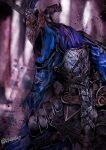  1boy armor artorias_the_abysswalker blue_cloak blurry blurry_background breastplate chainmail cloak commentary_request cowboy_shot dark_souls_(series) dark_souls_i faulds helm helmet holding holding_sword holding_weapon hunched_over knight male_focus pauldrons purple_background shoulder_armor solo sword umeyama_(toma23) weapon 