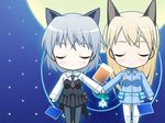  animal_ears black_legwear blonde_hair card chibi closed_eyes eila_ilmatar_juutilainen floating_card flower holding_hands kaibara_yuu multiple_girls pantyhose sanya_v_litvyak silver_hair strike_witches tail white_legwear world_witches_series 