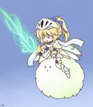  1girl 216 alternate_costume alternate_hair_color armor armored_boots blonde_hair blue_background blue_bow boots bow breastplate commentary_request daiyousei fairy fairy_wings faulds gauntlets gold_trim gradient_background hair_bow holding holding_sword holding_weapon kedama_(touhou) long_hair multiple_wings open_mouth ornate_armor riding scarf shoulder_armor signature smile sword thigh_boots touhou touhou_lostword visor_(armor) weapon white_armor white_scarf wings 