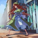  alternate_costume alternate_hairstyle bad_id bad_pixiv_id blue_eyes braid capelet chinese_clothes collaboration colorized gate hat hong_meiling kintaro kljgdoe long_hair red_hair solo standing touhou twin_braids 