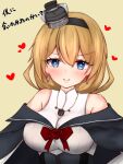  1girl blonde_hair blue_capelet blue_eyes breasts capelet crown dress earrings flower hair_between_eyes hairband heart highres jewelry kantai_collection large_breasts long_hair looking_at_viewer mini_crown red_flower red_rose rose smile solo upper_body valiant_(kancolle) white_dress yuki_(yukineko-nyaa) 