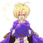  bad_id bad_pixiv_id blazblue blonde_hair blush carl_clover cloak glasses male_focus round_eyewear smile solo white_background 