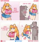 absurd_res animal_humanoid big_breasts black_eyes bottomwear breasts canid canid_humanoid canine canine_humanoid cleavage clothed clothing comic crop_top denim denim_bottomwear denim_clothing denim_skirt dog_humanoid english_text eyelashes faceless_character faceless_human faceless_male female half-closed_eyes hi_res hoodie human humanoid inconvenient_tail male mammal mammal_humanoid midriff narrowed_eyes navel one_eye_closed onigiri_punch pink_clothing pink_crop_top pink_shirt pink_topwear shirt skirt sparkles standing tail text topwear wide_hips wink