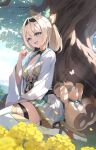  1girl :d ahoge aqua_eyes black_hairband blonde_hair breasts bug butterfly chest_sarashi commentary_request cowengium day double-parted_bangs egasumi falling_petals flower hair_between_eyes hairband hakama hakama_short_skirt hakama_skirt hand_up highres hololive japanese_clothes kazama_iroha kazama_iroha_(1st_costume) kimono medium_breasts medium_hair miniskirt open_mouth outdoors petals pokobee ponytail sandals sarashi sitting skirt smile solo tabi thighhighs tree virtual_youtuber white_kimono white_thighhighs zouri 