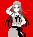  1girl arm_behind_head artist_logo artist_name braid chitose_(usacan) commentary_request greyscale_with_colored_background hand_on_own_hip hat hat_ornament hong_meiling logo long_hair looking_at_viewer red_background shirt side_slit simple_background skirt smile solo standing star_(symbol) star_hat_ornament touhou twin_braids vest 