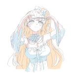  1girl arms_up blonde_hair blunt_bangs bow breasts cleavage closed_mouth color_trace cut_bangs cutting_hair cutting_own_hair detached_sleeves dress earrings hair_bow highres holding holding_own_hair holding_scissors jewelry large_breasts long_hair long_sleeves looking_up mahou_shoujo_no_majo_saiban partially_colored saeki_miria scissors simple_background solo sweatdrop tsujiya_okuyasu upper_body white_background 