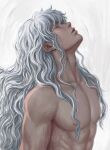  1boy abs adam's_apple aki_(akistrike) artist_name berserk closed_eyes closed_mouth collarbone commentary english_commentary facing_up from_side griffith_(berserk) lips long_hair male_focus nipples nose nude pectorals solo toned toned_male veins veiny_arms wavy_hair white_background white_hair 