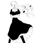  banned_artist bow crossed_arms greyscale hair_bow harano long_hair monochrome no_hat no_headwear pantyhose simple_background solo standing touhou wind yakumo_yukari 
