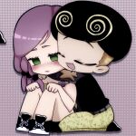 1boy 1girl afro belt black_hair black_shirt black_shoes blonde_hair blush brown_hair chibi chibi_only closed_eyes couple empty_eyes green_eyes grey_belt hair_bobbles hair_ornament hands_on_own_knees heart heart_background highres hirose_yasuho hug hug_from_behind jojo_no_kimyou_na_bouken jojolion kneeling long_hair multicolored_hair open_mouth pants purple_hair seiza shirt shoes sitting smile sneakers souzou_bunni tooru_(jojolion) two-tone_hair undercut yellow_pants 