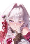 2girls bare_shoulders black_choker black_horns blush bright_pupils choker closed_mouth commentary english_commentary female_pov hair_between_eyes hair_intakes hair_ribbon highres holding_another's_wrist honkai_(series) honkai_impact_3rd horns long_hair multiple_girls nyeppu portrait pov pov_hands purple_eyes red_ribbon ribbon side_horns signature simple_background single_horn solo_focus songque thelema_nutriscu white_background white_pupils 