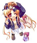  :&lt; absurdres ahoge bad_id bad_pixiv_id bag blonde_hair brown_hair casual chibi fate_testarossa highres long_hair lyrical_nanoha mahou_shoujo_lyrical_nanoha mahou_shoujo_lyrical_nanoha_a's multiple_girls pink_eyes pink_hair ponytail red_hair signum skirt smile takamachi_nanoha teruui twintails v very_long_hair vita 