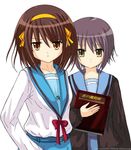  blue_sailor_collar book brown_eyes brown_hair cardigan kita_high_school_uniform multiple_girls nagato_yuki non-web_source sailor_collar school_uniform serafuku short_hair silver_hair suzumiya_haruhi suzumiya_haruhi_no_yuuutsu 