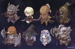  3girls 5boys animal_head armor ascot axe beak beard bird_boy black_background black_boots black_dress black_gloves black_hat black_jacket black_scarf black_skin blonde_hair blue_eyes blue_hair blue_surcoat boots bow_(weapon) braid breastplate cape colored_skin covered_eyes covered_face covered_mouth dagger dark-skinned_female dark-skinned_male dark_skin dress duchess_(elden_ring) elden_ring elden_ring_nightreign executor_(elden_ring) facial_hair fake_horns feathered_wings flower_wreath fushigi_ebi gloves greaves green_cape green_hood guardian_(elden_ring) hat hat_over_eyes head_wreath helmet holding holding_axe holding_bow_(weapon) holding_dagger holding_instrument holding_knife holding_lyre holding_polearm holding_sheath holding_shield holding_staff holding_sword holding_weapon hood hood_up horned_helmet horns instrument ironeye_(elden_ring) jacket jewelry katana knife long_hair lyre mask mouth_mask multiple_boys multiple_girls necklace over_shoulder pants pauldrons plume polearm ponytail raider_(elden_ring) recluse_(elden_ring) revenant_(elden_ring) robe scarf sheath shield shoulder_armor staff surcoat sword twitter_username weapon weapon_over_shoulder white_ascot white_hair white_pants white_robe winged_helmet wings witch witch_hat wylder_(elden_ring) yellow_eyes 