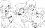  3girls akoes bad_id bad_pixiv_id casshern casshern_sins dio_(casshern_sins) everyone greyscale hug leda_(casshern_sins) monochrome multiple_boys multiple_girls ringo_(casshern_sins) sophita spiked_hair zuwai_kani 