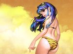  animal_print ass back bikini blue_hair cowboy_shot heterochromia horns long_hair lum murata_renji pointy_ears purple_eyes solo sunset swimsuit tiger_print urusei_yatsura 