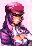  bow_(bhp) braid breasts cleavage glasses hat large_breasts original purple_hair solo 