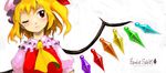  blonde_hair blush character_name flandre_scarlet hat lips one_eye_closed one_side_up oso_(toolate) rainbow_order red_eyes solo touhou white_background wings 