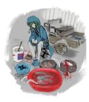  1other androgynous armband bag bare_legs black_shirt blood blue_boots blue_jacket blue_shorts boots border chair dead_animal faceless fish full_body green_hair grey_shorts highres hood hood_up hooded_jacket indoors jacket len'en long_sleeves nami_oto on_chair open_clothes open_jacket other_focus own_hands_together paper_bag red_armband round_border shirt shitodo_aoji short_hair shorts sitting snake socks solo towel two-tone_shorts wheelbarrow white_border white_socks zipper 